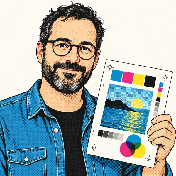 Portrait illustré de Bastien Lagarde, un homme barbu à lunettes rondes, en chemise en jean, tenant une épreuve couleur avec ses traits de coupe