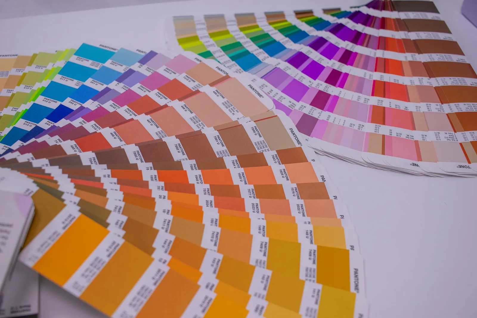 Nuancier de couleurs Pantone déployé à plat avec une large gamme de teintes vives