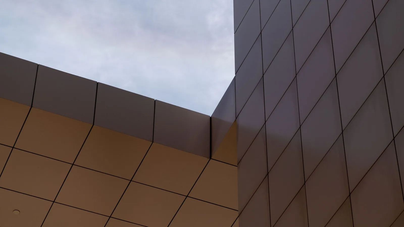 Angle de façade avec panneaux métalliques bruns formant une jonction nette sous un ciel clair