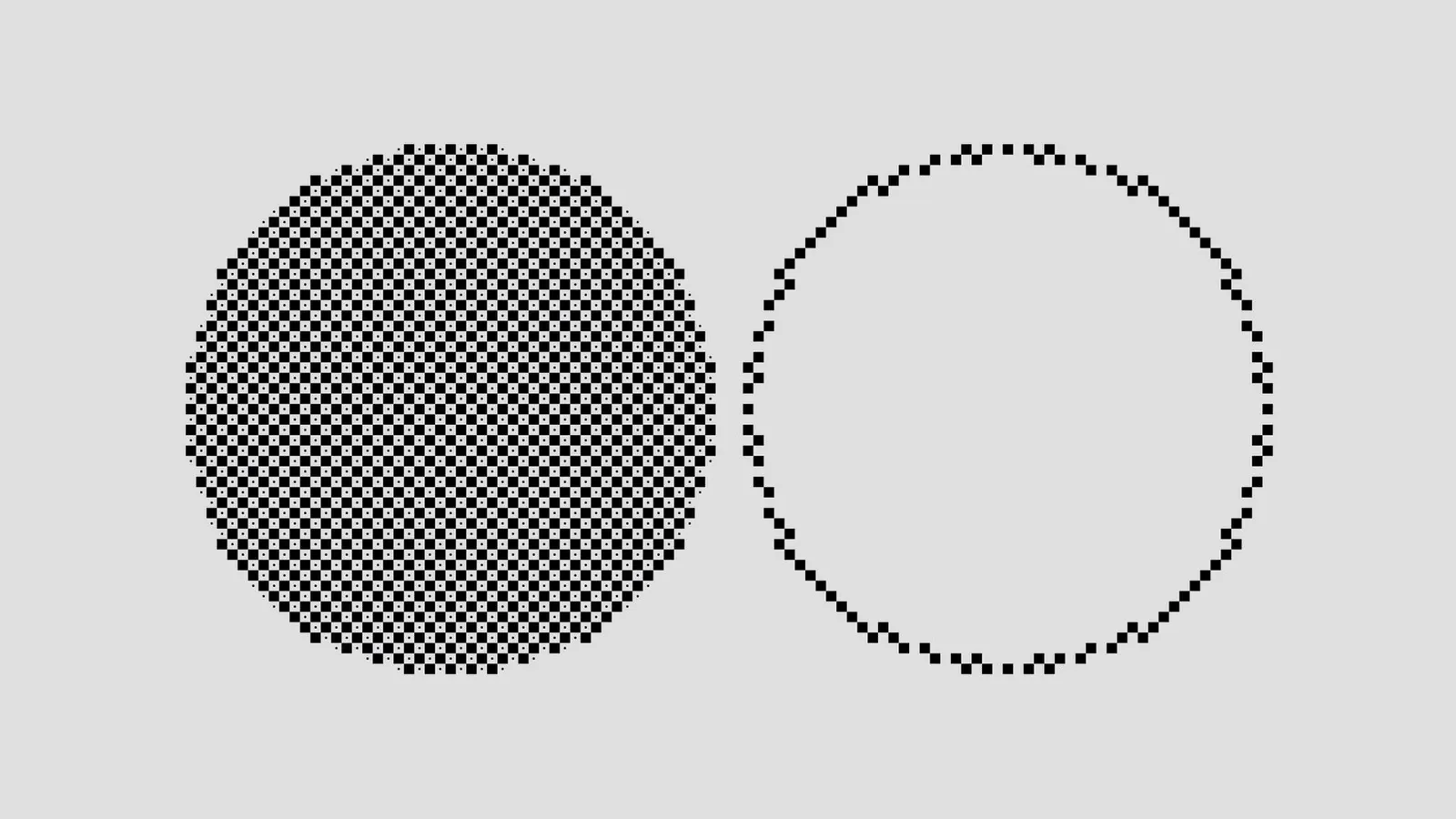 Deux cercles minimalistes, l’un en pixels agrandis et l’autre en contour vectoriel avec nœuds visibles